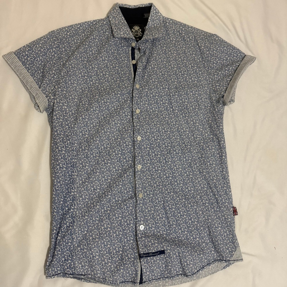 English Laundry Mens Blue Paisley Short Sleeve Button Down‎ Cotton Shirt Size M